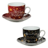 Set Cesti Portelan Craciun, Model Merry Christmas, Farfurii Incluse, Rosu Negru, Capacitate 200ml, 2 Bucăți, Oem