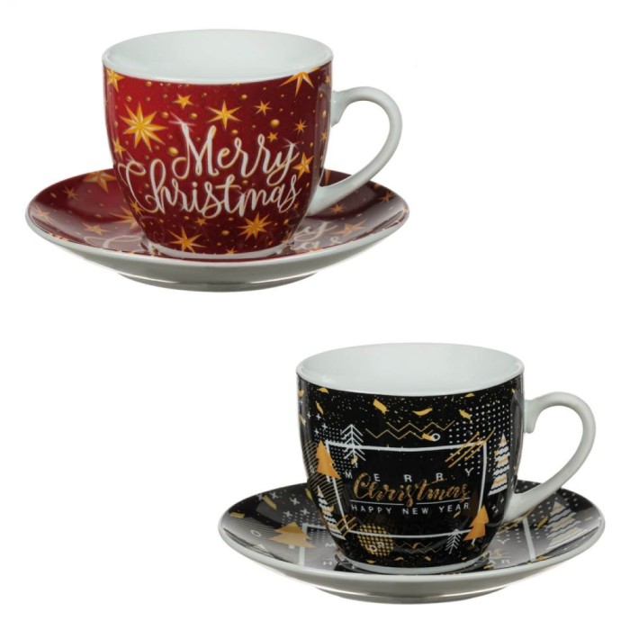 Set Cesti Portelan Craciun, Model Merry Christmas, Farfurii Incluse, Rosu Negru, Capacitate 200ml, 2 Bucăți