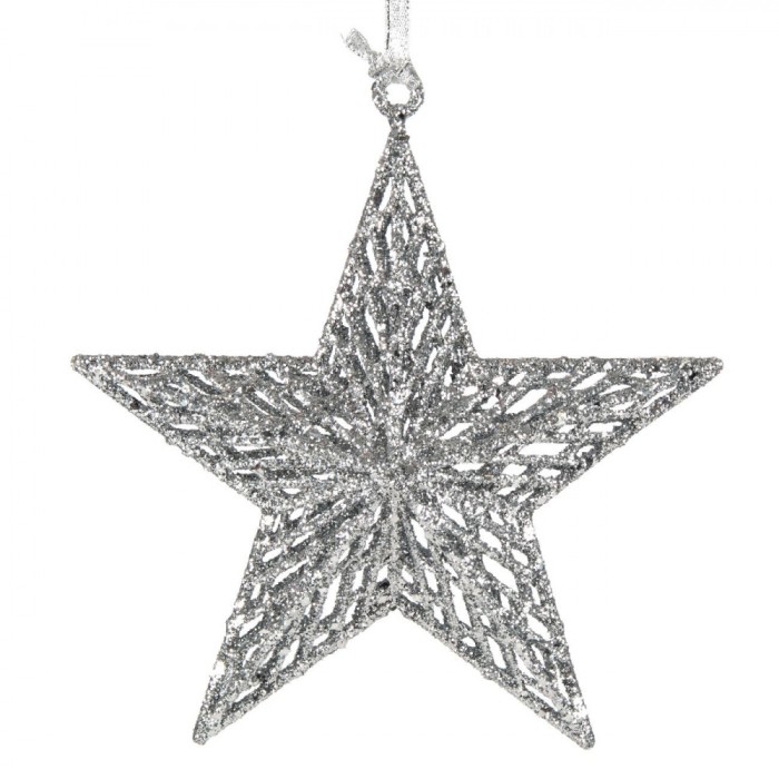 Ornament Brad Crăciun, Stea, Glitter, Culoare Argintie, Dimensiune 18 cm