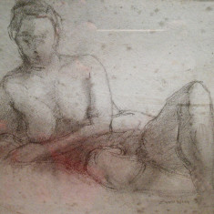 grafica veche Nud 27x30 cm semnat Anestin, inramat, cu sticla