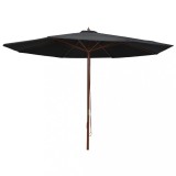 Umbrela soare exterior Gossi, 350cm, Negru, stalp lemn, Poliester, Rotunda, Mecanism Scripete