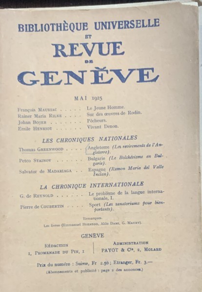 Revue de Geneve- revista in franceza, mai 1925