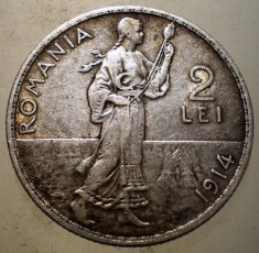 R.079 ROMANIA CAROL I 2 LEI 1914 ARGINT 10g foto