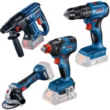 Bosch GSB 185-LI + GWS 180-LI + GBH 180-LI + GDX 18V-200 - Masina de gaurit si insurubat cu percutie fara acumulatori si incarcator Li-Ion 18 V - Ah 5