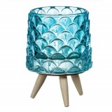 Suport decorativ Pufo Gorgeous pentru lumanare din sticla cu picioruse din lemn, 11 cm, albastru