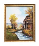 Cumpara ieftin Tablou peisaj cu moara de apa pictat manual inramat, 55x45cm ulei pe panza, rama din lemn, Geo Ungureanu