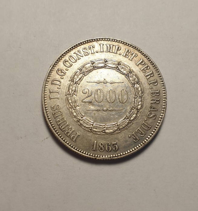 Brazilia 2000 Reis 1863 AUNC Piesa de Colectie