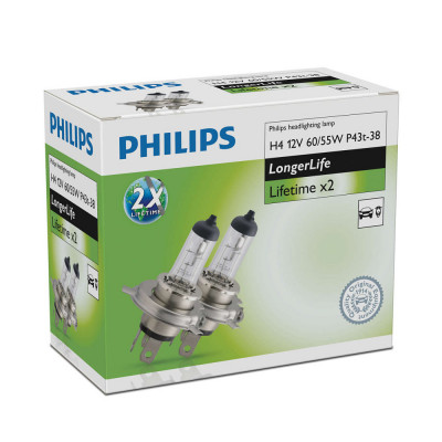 Bec Philips H4 P43T 12V 60/55W Longer Life 2 Buc 12342ELC2 foto