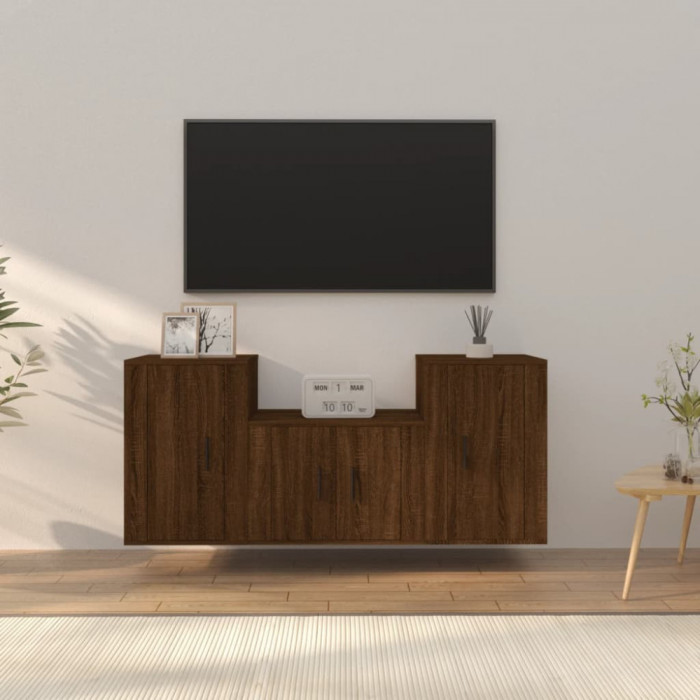 Gossi set dulap tv, 3 piese, stejar maro, lemn prelucrat