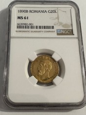 20 lei gold coin 1890 Carol 1 rege a romanilor NGC , gradare MS 61