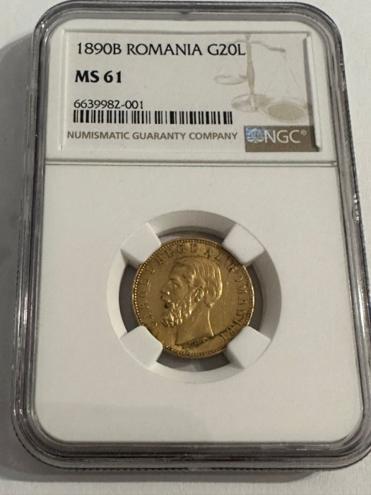 20 lei gold coin 1890 Carol 1 rege a romanilor NGC , gradare MS 61