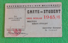 Carte de student Universitatea din Bucuresti 1945, fara fotografie foto