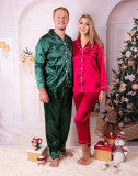 Set pijamale pentru cuplu din Satin Rosu-Verde cu vipusca alba