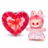 Labubu si Cutie Inima cu 24 Trandafiri din Sapun Rosu-Roz, Aranjament Luxury Cadou 17x17 cm -roz