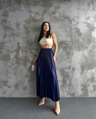 Fusta plisata lunga, marime unica, albastru foto