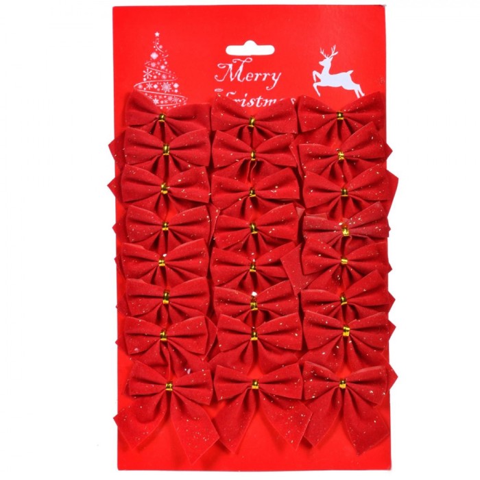 Set Fundite Decorative Craciun, Model Catifelat, Rosu, Dimensiune 4.5x5.5cm, 24 Buc.