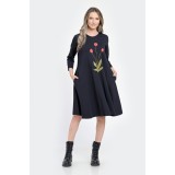 Rochie Medie Dama, Ampla, Bleumarin cu pictura realizata manual V304 - L