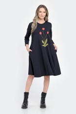 Rochie Medie Dama, Ampla, Bleumarin cu pictura realizata manual V304 - L