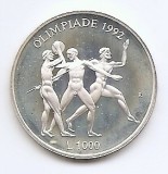 San Marino 1000 Lire 1992 - Jocurile Olimpice de vară din 1992, Barcelona, Argint 14.6g 835, 31,4 mm, KM-277 UNC !!! (necirculata)
