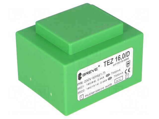 Transformator &icirc;ncapsulat 16VA 230VAC 18V dublu 444mA