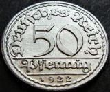 Cumpara ieftin Moneda istorica 50 PFENNIG - IMPERIUL GERMAN, anul 1922 *cod 4135 - litera D - A.UNC
