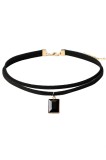 Colier Choker Dublu Piele Intoarsa Neagra cu Cristal, Colier Fashion Femei, Sistem Inchidere Lobster