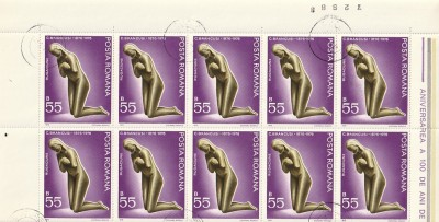 CENTENARUL NASTERII LUI C. BRANCUSI ( LP 906 ) 1976 OBLITERATA BLOC DE 10 foto