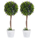 HOMCOM Set 2 Plante Artificiale Sferice cu Flori de Lavandă şi Vas, &Oslash;24x60 cm, Verde | Aosom Romania