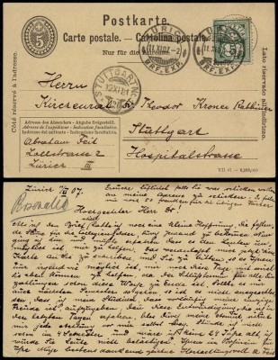 Switzerland 1907 Uprated postcard stationery Zurich to Stuttgart Germany DB.134 foto