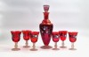 Vintage 6 Pahare + Decantor Sticla colorata Cristal Boemia anii &#039; 50 rosu burgund pictate manual cu motive florale set lichior
