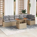 Set de canapele de grădină cu 7 piese, perne bej, rattan de polipropilenă și lemn de acacia.