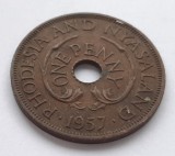 Moneda Rhodesia &amp; Nyasaland 1 Penny 1957 Bronz, Tiraj 7.2M, Standard