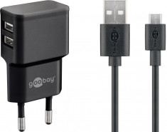 Incarcator retea Goobay, 2x USB-A 2.4A, cablu micro USB, negru foto