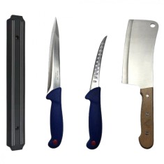 Set profesional de macelarie, injunghiat, transat, filetat, dezosat, 2 cutite, suport magnetic, satar