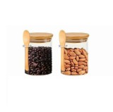Set premium 2 recipiente din sticla borosilicata cu capac din bambus si lingurita &ndash; 700ml Handy KitchenServ