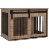 PawHut Cușcă cușetă pentru c&acirc;ini animale interioare ușă glisantă, oțel efect lemn, dim. 57H x 80L x 54l cm | Aosom Romania