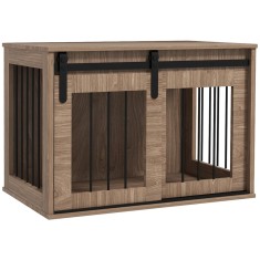 PawHut Cușcă cușetă pentru c&acirc;ini animale interioare ușă glisantă, oțel efect lemn, dim. 57H x 80L x 54l cm | Aosom Romania
