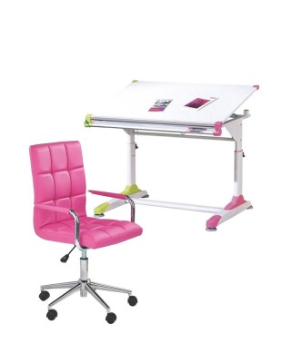 Set birou ergonomic HM Collorido, inaltime reglabila, unghi inclinare ajustabil, MDF, alb si scaun birou HM Gonzo 2, piele ecologica, Mecanism de bala foto