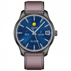 Smartwatch iSEN Watch W9 Negru cu bratara maro inchis din piele, 1.3 Display costomizabil, IP68, 200mAh, HR, Tensiune, Notificari, Muzica
