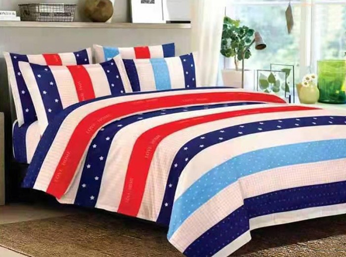 Lenjerie de pat matrimonial cu husa elastic pat si 4 fete perna dreptunghiulara, Aroa, bumbac mercerizat, multicolor
