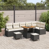 Set de 9 Piese Canapea Grădină cu Perne Negru Ratan Poliester Acacia, Canapea Grădină pentru 2 Persoane cu Depozitare &amp; Perne Negru Ratan Poliester, S, vidaXL