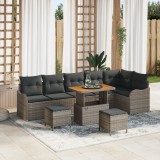 Set de Sofia de Grădină vidaXL 9 Piese cu Perne Gri Ratan Polimeric Acacia, Sofa de Grădină vidaXL 2-Persoană cu Perne Gri Ratan Polimeric, Set de Mes