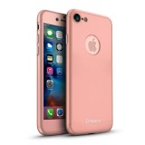 Husa iPhone 7 Ipaky 360 Full Cover + Folie Sticla Rose Gold, Protectie Completa Anti-soc, Anti-zgarieturi