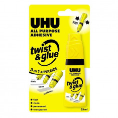 Lipici universal pentru școală și birou UHU Twist&amp;Glue, aplicator 3 &icirc;n 1, 35ml