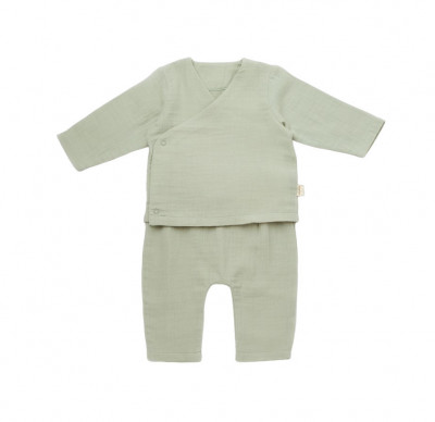 Set bluzita petrecuta si pantaloni lungi din muselina, BabyCosy, 100% bumbac organic, Verde (Marime: 9-12 luni) foto