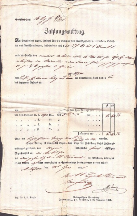 A3094N Ordin de plată, 1855, T&acirc;rgu Lăpuș, Maramureș, limba germană