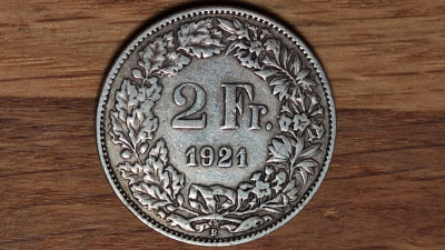 Elvetia -moneda de colectie rara- 2 franci / francs 1921 argint 0.835 - superba! foto