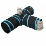 Tunel pentru pisici 3 cai, negru si albastru, 90 cm, poliester
