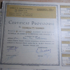 UZINELE DE FIER DIN RESITA : CERTIFICAT PROVIZORIU , 1946 , ( LOT 19 BUC )