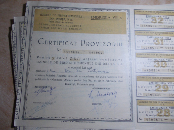 UZINELE DE FIER DIN RESITA : CERTIFICAT PROVIZORIU , 1946 , ( LOT 19 BUC )